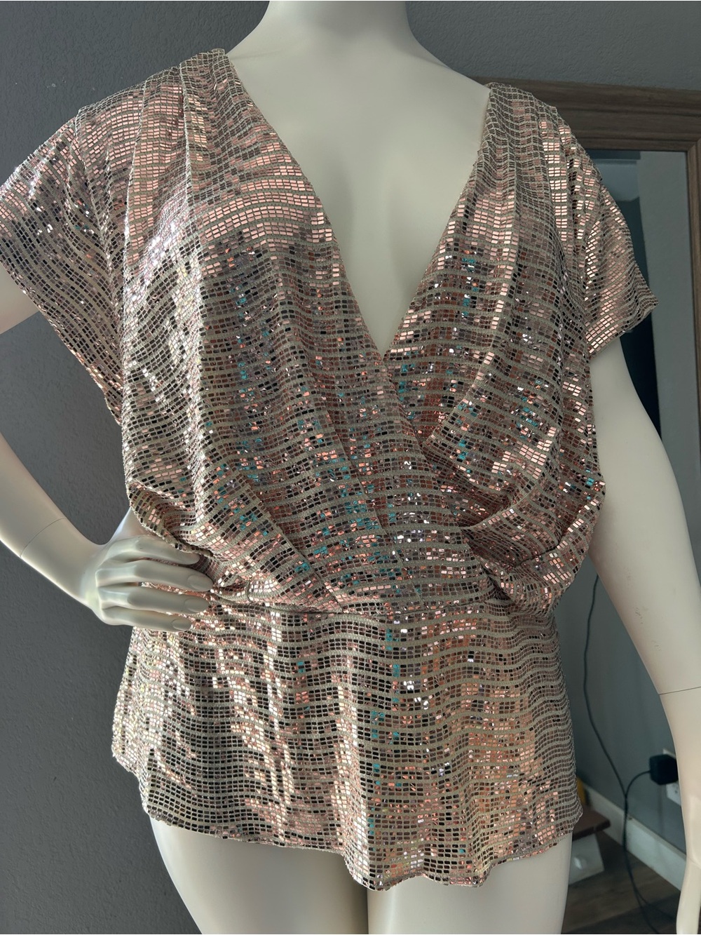 Adrianna Papell Rose Gold Sequin Drape Wrap Blouse